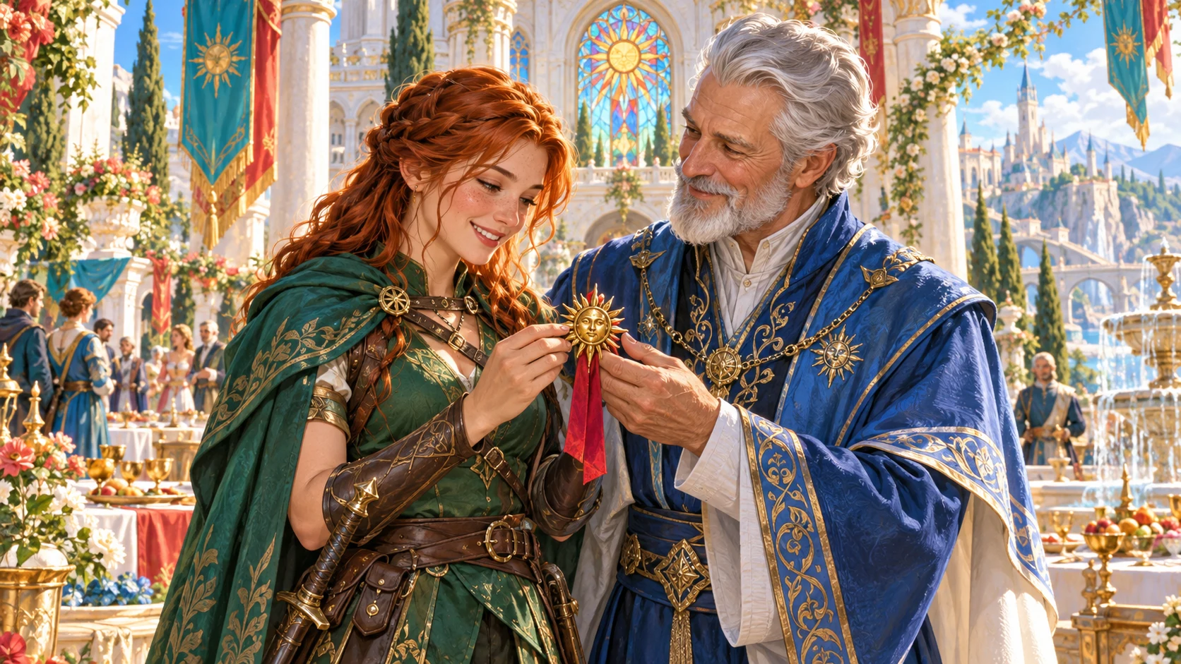 An elf and an older companion recognise a sun-shaped token during a fantasy celebration.