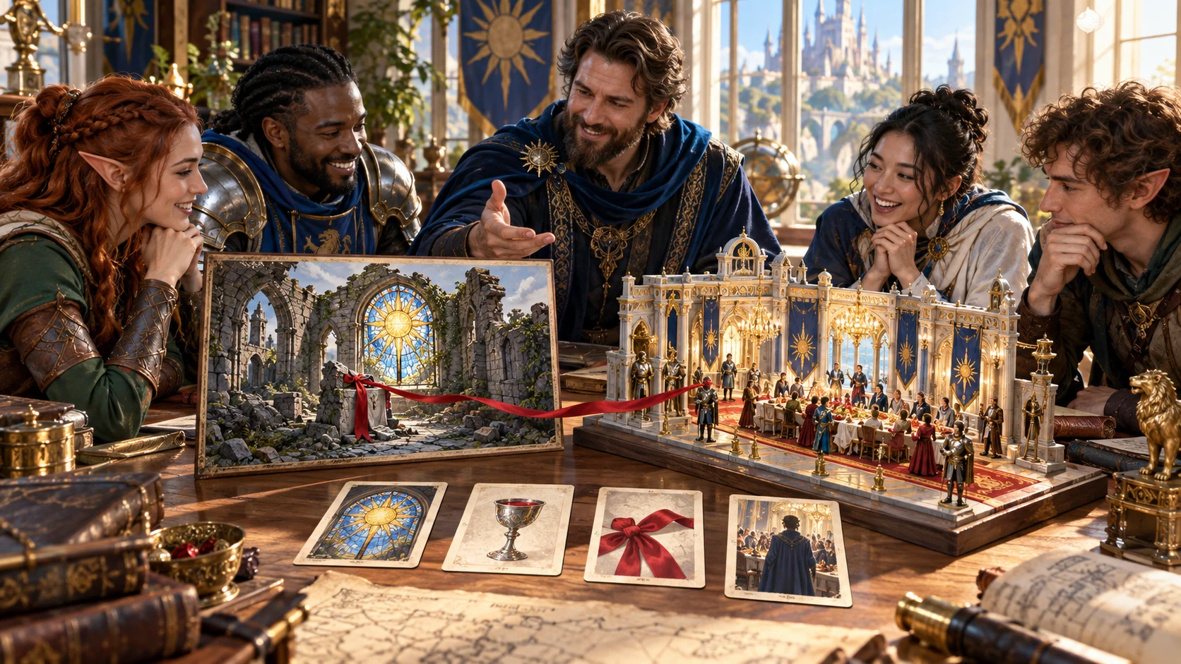 Companions compare a chapel memory and banquet scene around a table of campaign illustrations.