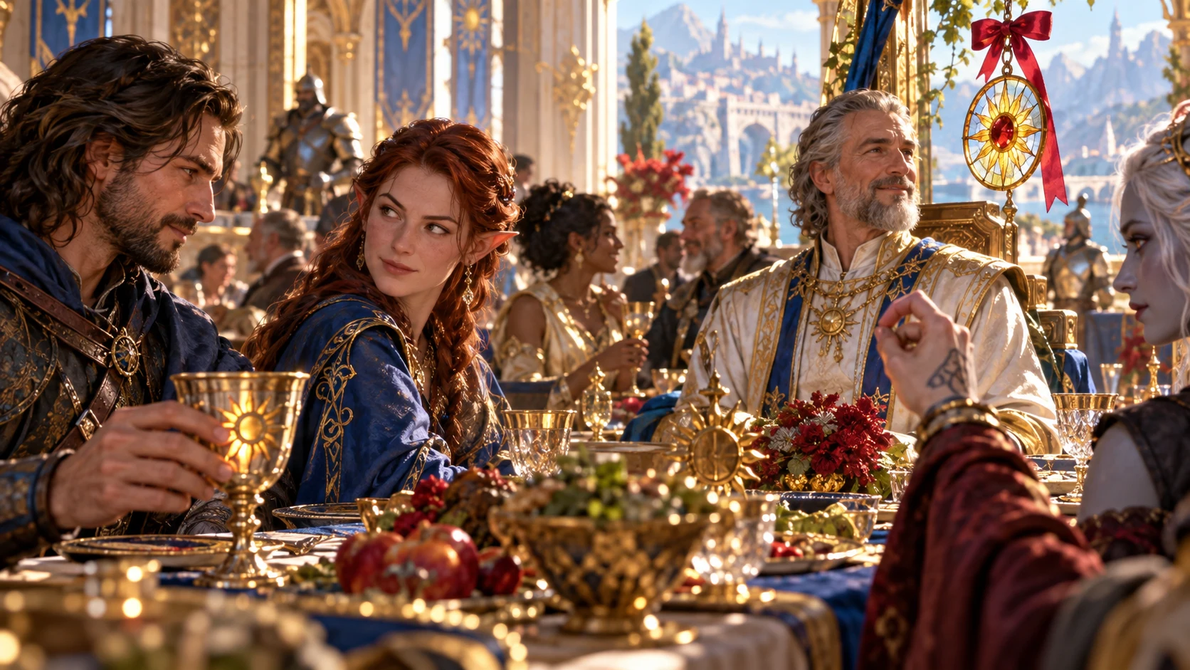 Companions notice a familiar sun motif and ribbon while talking at a palace banquet.